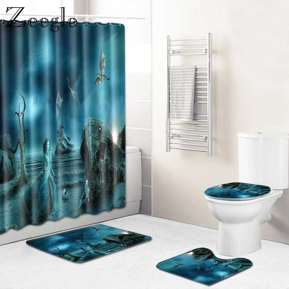 Zeegle 4pcs Bath Mat Set Flannel Soft Toilet Cover Seat Mat Absorbent Toilet Pedestal Rug Foot Mat Waterproof Bathroom Curtain