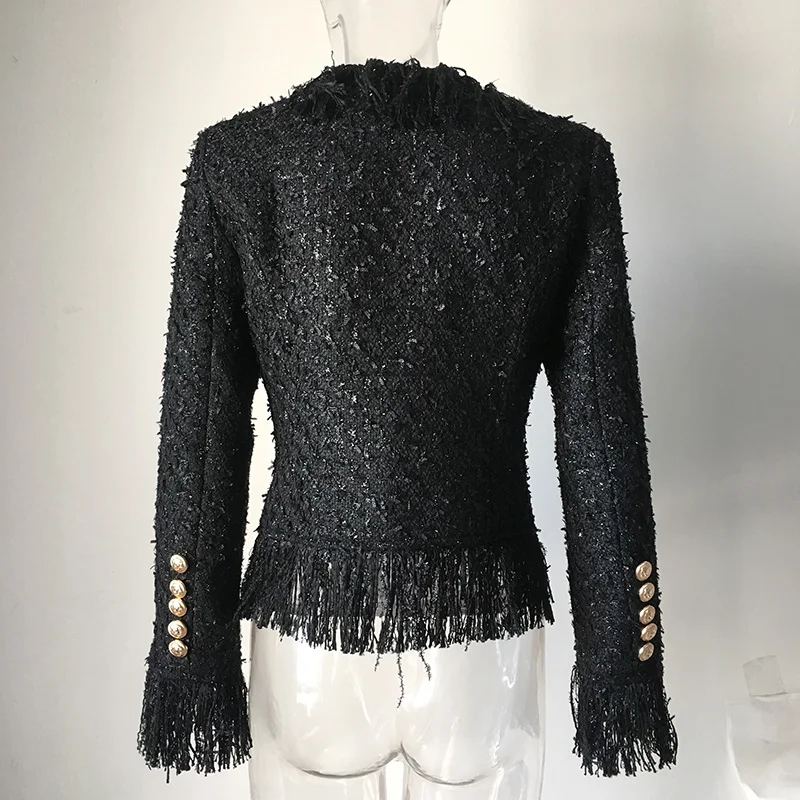 Осень Зима дизайн для женщин Элегантный кисточкой короткие пальто двубортный Твид тонкий шикарный пиджак высокое качество