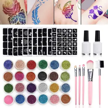 

2020 Glitter Tattoo Set New Glitter Tattoo Kit with 24 Large Glitter Colors 125 Cool Tattoo Stencils 2 Glittered Glue Nail Art
