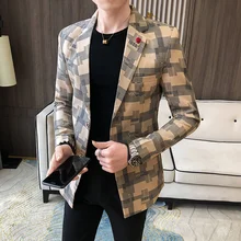 Veste de costume à carreaux pour homme, Blazer Slim, décontracté, à la mode, pour Business, Club, chanteur de scène de mariage, printemps automne 