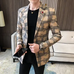Spring Fall Men's Plaid Suit Jacket Fashion Business Casual Men Slim Blazer Men Club Wedding Stage Singer Jacket Dress Masculina