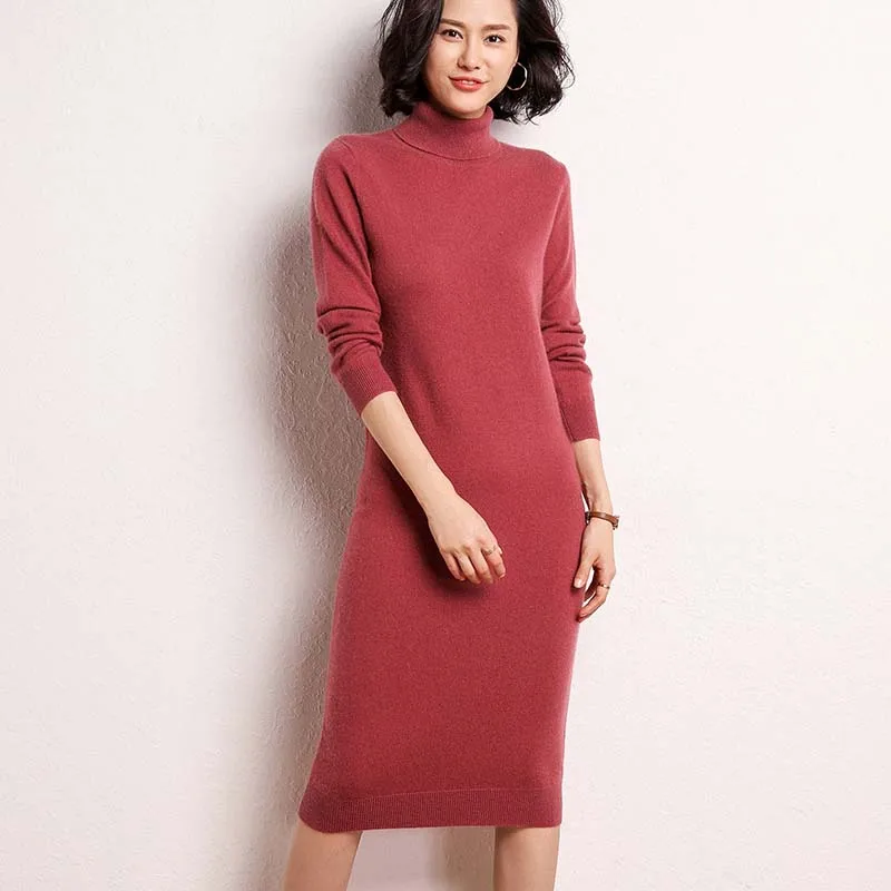 mongolian Cashmere dress Women Long Sweater Dress Female Autumn Winter Long Sleeve Loose knitted Sweaters Dresses - Цвет: red