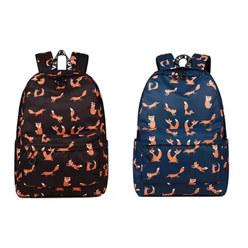 

2 Pcs Cute Animal Fox Printing School Backpacks Waterproof Women Bag Laptop Backpack Female School Backpack , Blue & Black