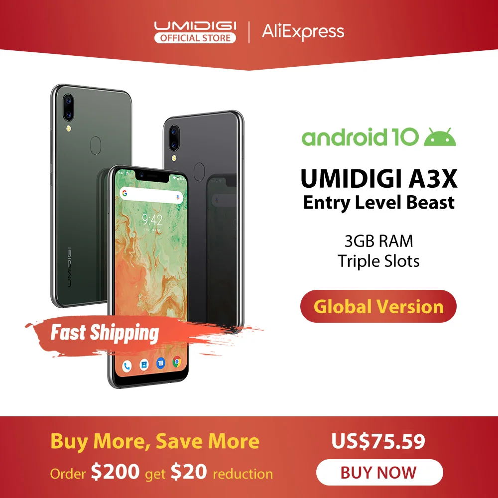 Смартфон UMIDIGI A3X Android 10 глобальная версия 3 Гб ОЗУ 5 7 дюйма двойная тыловая камера 13