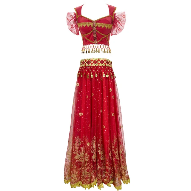 Festival Arabian Princess Costumes Indian Dance Embroider Bollywood Jasmine Costume Party Cosplay Jasmine Princess Fancy Outfit Red 3 - 3pcs Set