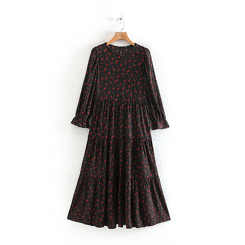 black dress Звездный Светлячок, свободное, круглый вырез, рукав-лепесток, длинное платье, женское,, Драпированное, повседневное, элегантное, цветочный принт, платье для женщин - Цвет: black dress
