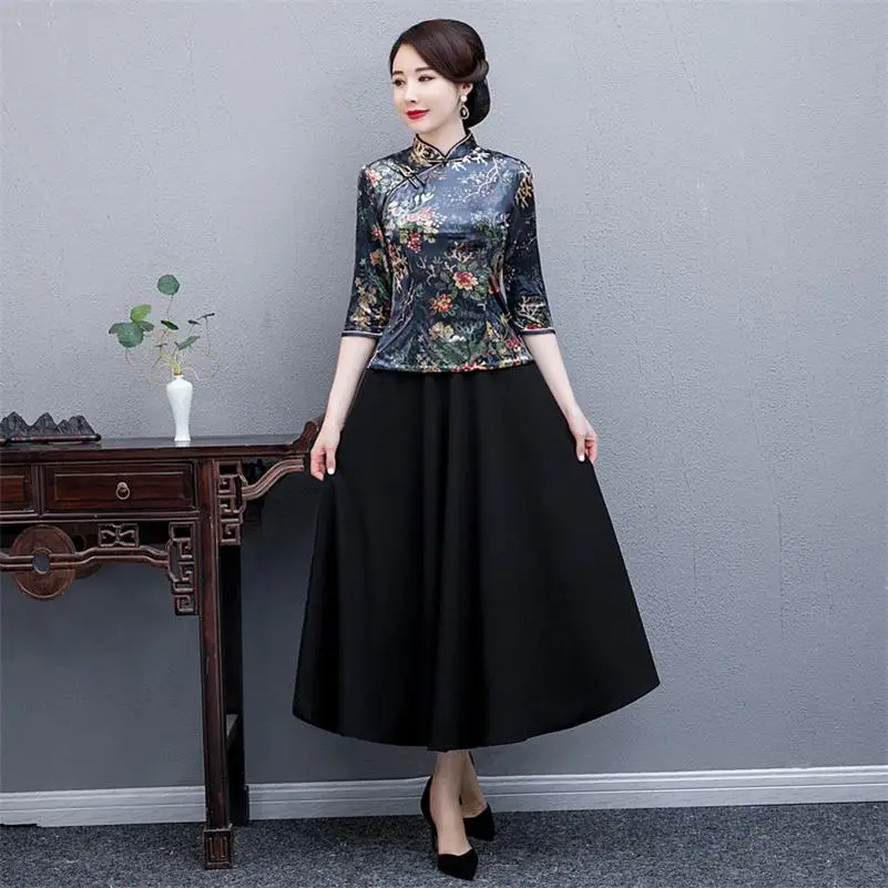 7017 Suit Винтаж ручной работы Кнопка Cheongsam 2 шт. Комплект женский традиционный цветочный принт Qipao Мода Атлас qipao Vestidos - Цвет: 7017 Suit