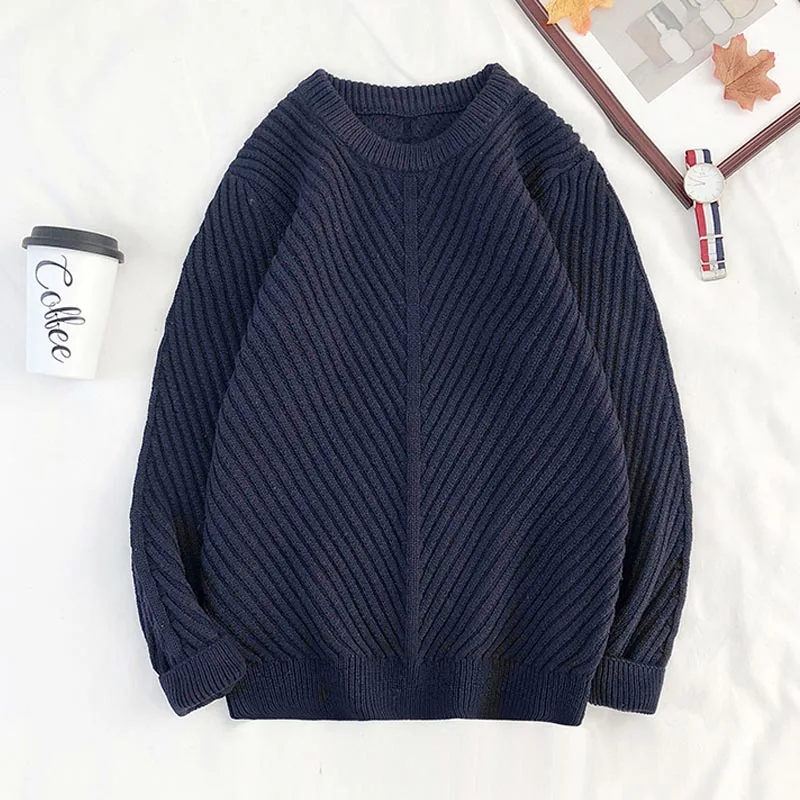 Sweaters Men Simple Design All-Match Soft Warm Daily Wear Korean Style Knitting Sweater Pull Homme Black Navy Army green - Color: navy