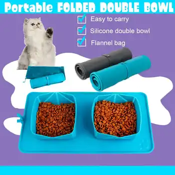 

Portable Foldable Pet Feeder Silicone Non-slip Double Basins Dogs Cats Feeding Bowl Feeder Easy Cleaning Pet Supplies For Travel