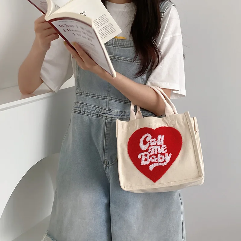 Lunch Bag Bento Bag Cooler Bag Heart Shape Canvas Picnic Tote Cotton Cloth Food Storage