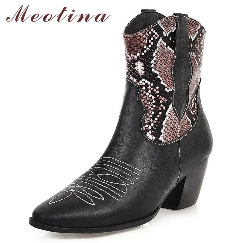 

Meotina Autumn Western Boots Women Mixed Colors Thick High Heel Ankle Boots Slip on Pointed Toe Short Shoes Ladies Winter 34-46