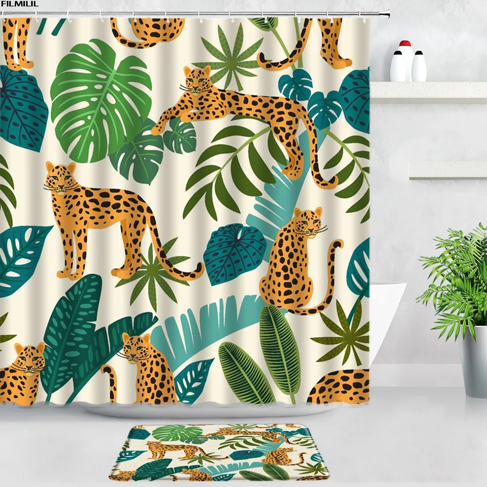 Tropical Jungle Scenery Shower Curtains Bath Mats Set Wild Animals