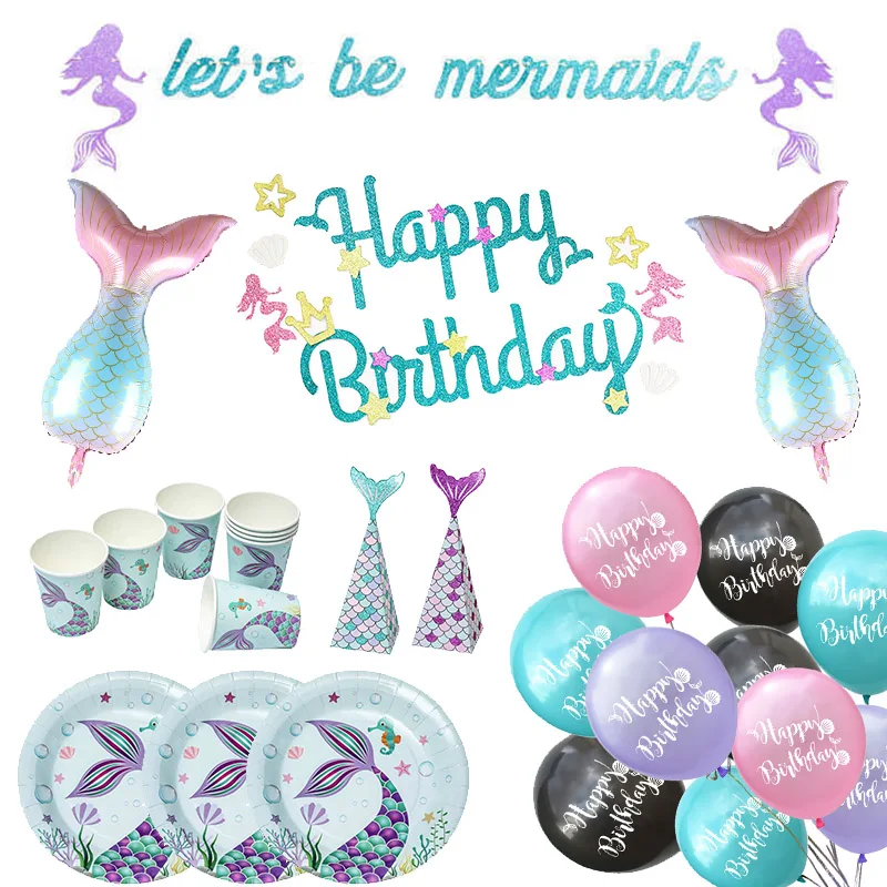 Mermaid Birthday Party Disposable Tableware Little Balloon Decor Girl First Supplies WQ02 | Дом и сад