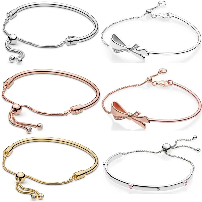 

Rose Moments Sliding Bangle Brilliant Bow Ball Adjust Bracelet Bangle Fit 925 Sterling Silver Bead Charm Europe Diy Jewelry