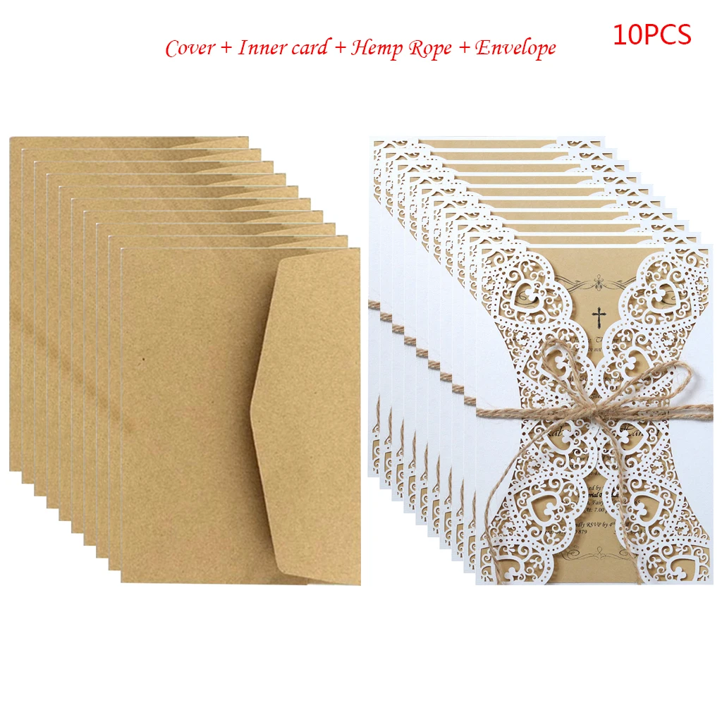 

10Pcs/Set Rustic Laser Cut Invitations Cards Lace Burlap Tie Invite Envelopes Kit For Engagement Bridal Baby Drop Ship JUL3