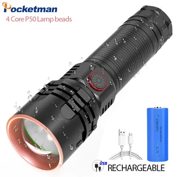 

Super Bright 4-Core P50 LED Flashlight 4 Lighting Modes Telescopic Zoom Support One key to close Suitable for outdoor