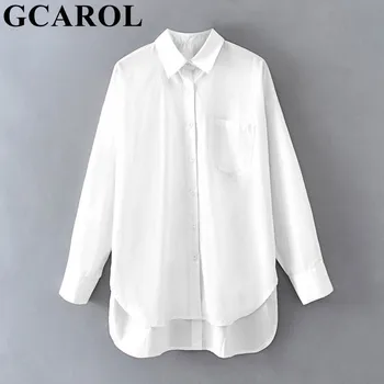 

GCAROL Women Asymmetric Length White Shirt 100 Cotton Casual Oversized Boyfriend Style Blouse Back Buttons Decoration Long Tops