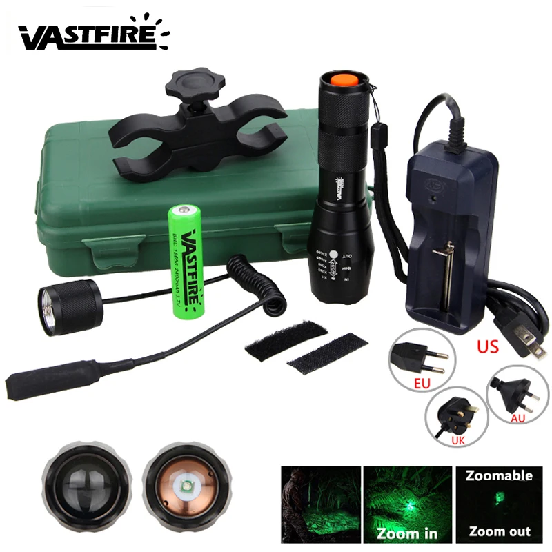 5000LM Green Hunting Flashlight Gun Light Tactical Adjustable Focus Zoomable Torch+Rifle Scope Mount+18650+Charger+Remote Switch
