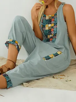 

Sexy Ethnic Floral Print Pockets Detail Bodycon Jumpsuit Women Overalls 2020 Sleeveless Skinny Rompers Female Streetwear