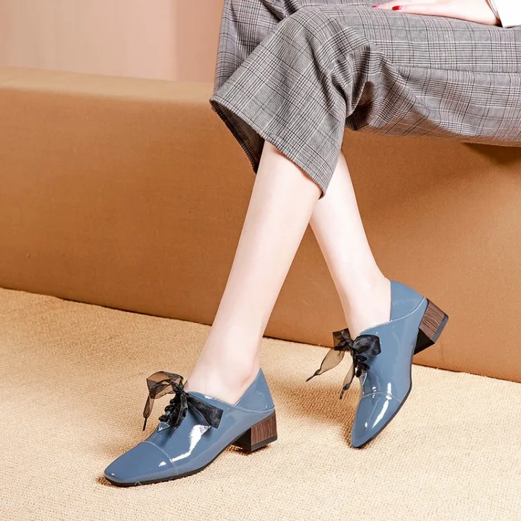 

French Retro Square Head Spring And Autumn New Style Solid Color Deep Mouth Chunky Semi-high Heeled Comfortable Liner Bow Fashio