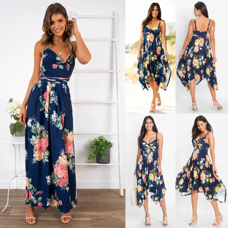 Women's Sling Floral Long Summer Dress arrival Boho V-neck Sleeveless Evening Beach Party Maxi Dress Casual Summer Dress Vestito