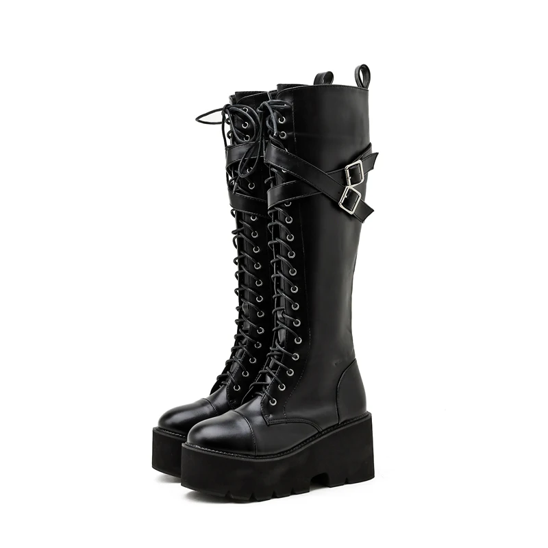 Ladies High Boots Platform High Heels Boots Women Lace Up Long Boots Punk Knee Boots Female Women Shoes Autumn Black Shoes