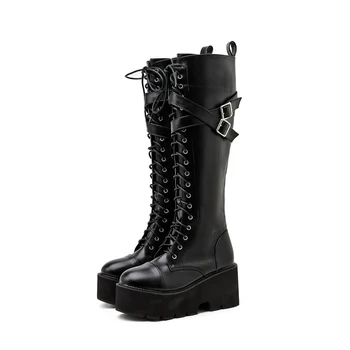 

Ladies High Boots Platform High Heels Boots Women Lace Up Long Boots Punk Knee Boots Female Women Shoes Autumn Black Shoes