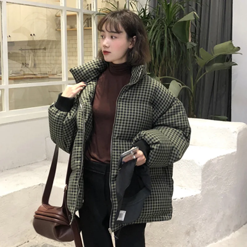 

2019 Online Celebrity Autumn And Winter Super Fire Celebrity Style Versatile Warm Plaid Hand Cotton Zipper Stand Collar down Coa