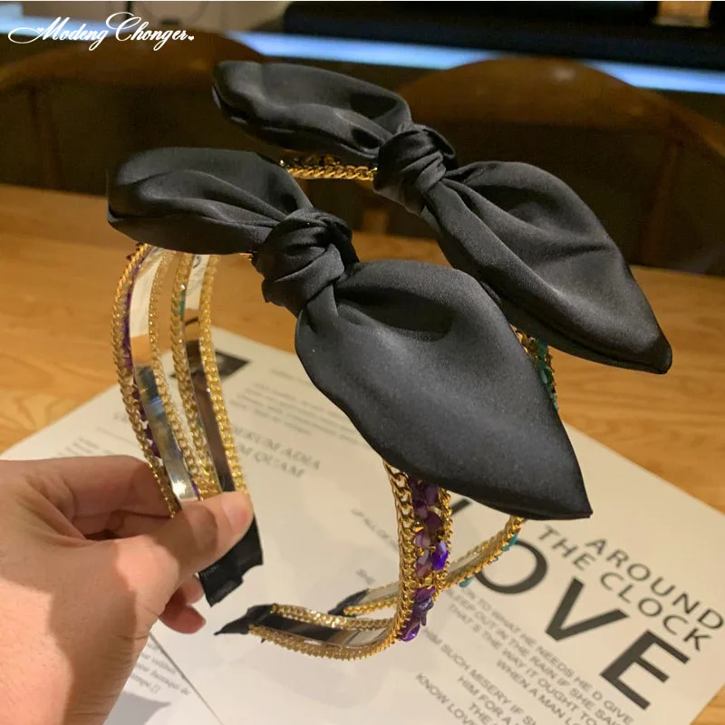 Fashion Retro Sweet Black Barrette Bow Hairband Temperament Women Headband Fresh Colored Stones Headwear Hair Accessories Hot single girls cream colored shoes kids flat 2023 pupils contracted comfortable new patent leather shoes children red black shoe