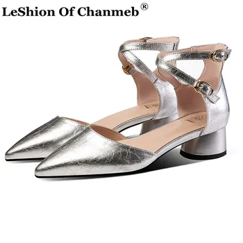 

Size 34-42 Women's Genuine Leather Shoes Woman Cross Strap Buckled Pointed Toe Silver Pumps Block Heels Two-pieces Style Shoes