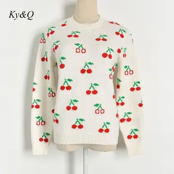 

2019 Winter Brand Desing Christmas Cherry Embroidery Cute Knit Sweater Pullover Women Sweet O-neck Luxury Jumper Clothes