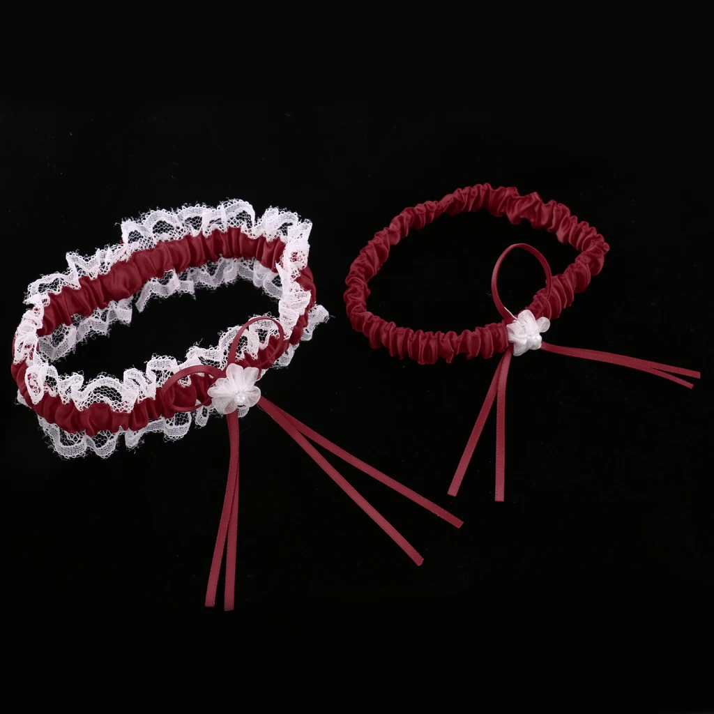 2Pcs Rustic Bridal Wedding Garter Floral Stretch Bridal Lace Satin Bowknot Thigh Ring Soft Socks Hen Party Lace Pearls Garter