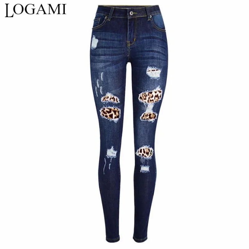 

LOGAMI Leopard Patchwork Skinny Jeans Woman Ripped Denim Pants Women's Autumn Jeans