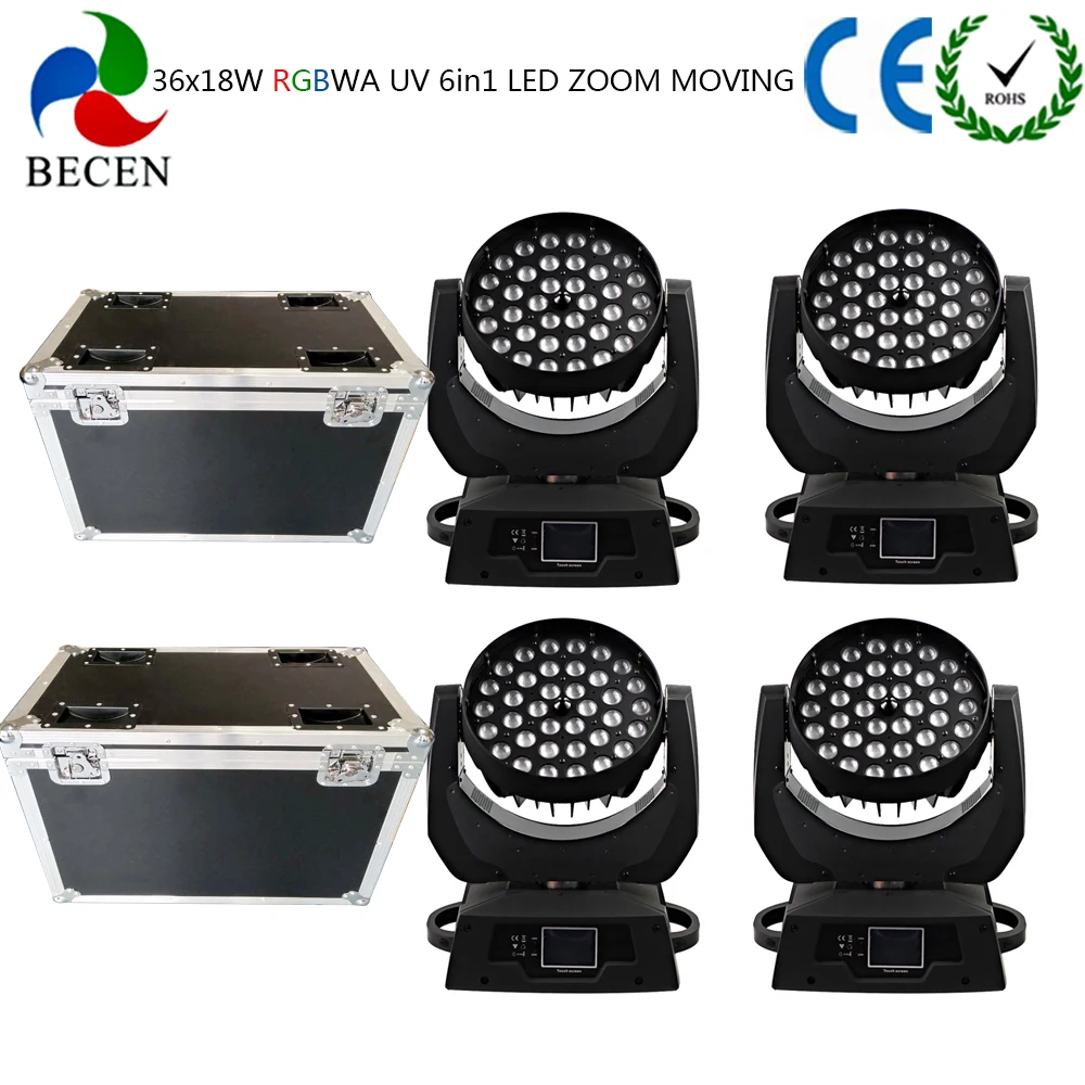 4pcs Stage Lights Flight Case Touch Screen 36x18W UV 6in1 Zoom Led Beam Wash Moving Head Light Power Tax Paid |