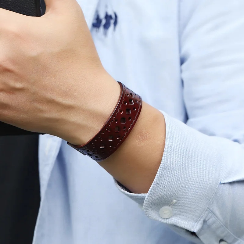 Jewelry Wide Wristband Design Retro Hollow Genuine Leather Bracelet leather bracelet