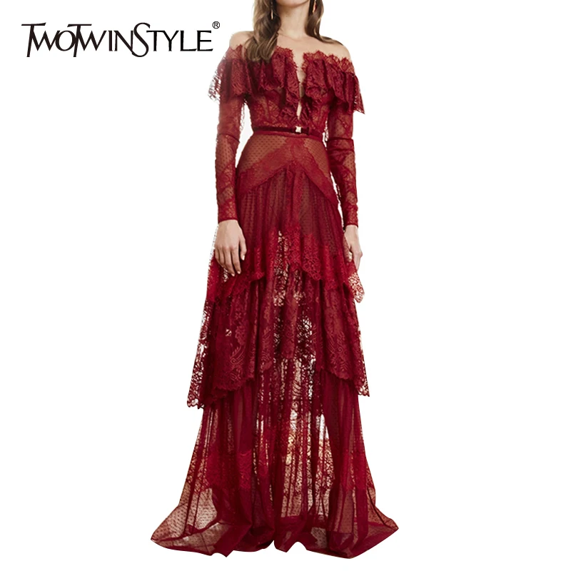 TWOTWINSTYLE Hollow Out Patchwork Lace Dress For Women Off Shoulder Slash Neck Long Sleeve High Waist Dresses Female 2020 Summer TWOTWINSTYLE Hollow Out Patchwork Lace Dress For Women Off Shoulder Slash Neck Long Sleeve High Waist Dresses Female 2020 Summer
