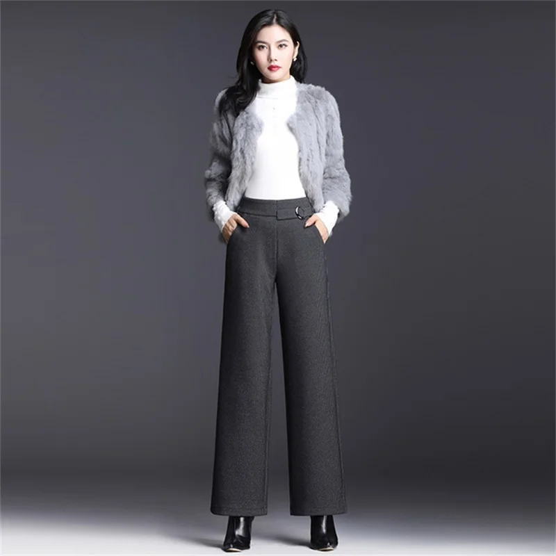 Free shipping women's autumn and winter striped wide leg casual pants high waist trousers - Цвет: gray