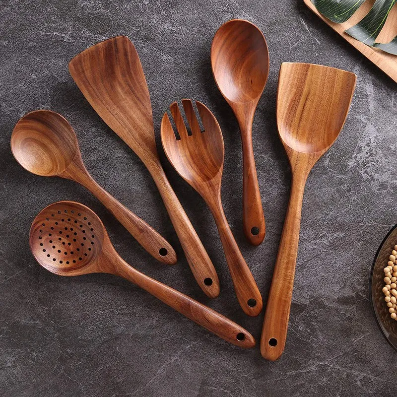 Набор кухонной посуды, деревянный набор посуды, антипригарный кухонный инструмент, деревянная ложка и лопатка, вилка для салата с деревянной ложкой, набор из 7 предметов