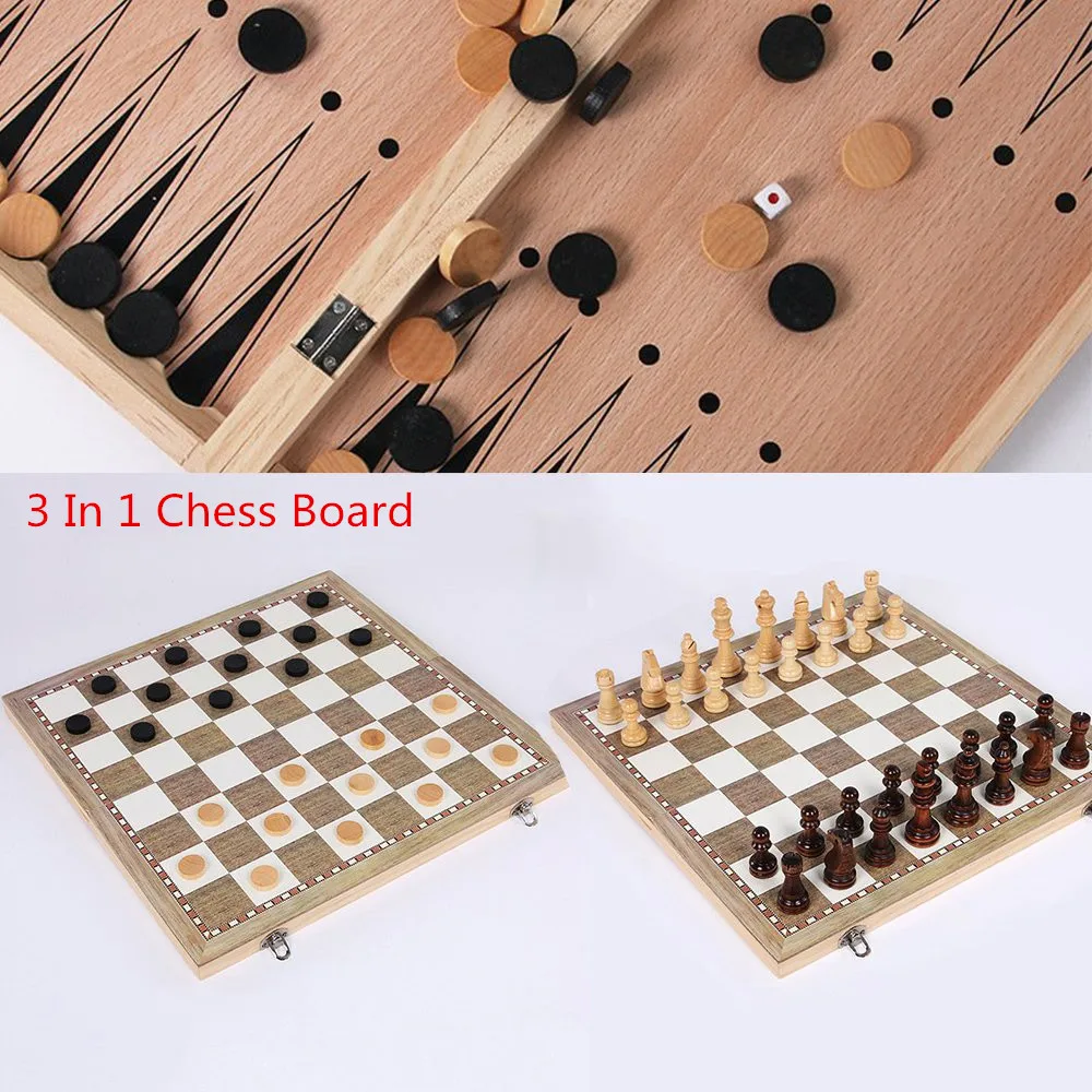 3 in 1 Wooden Board Game Set Compendium Games Chess Backgammon Draughts 