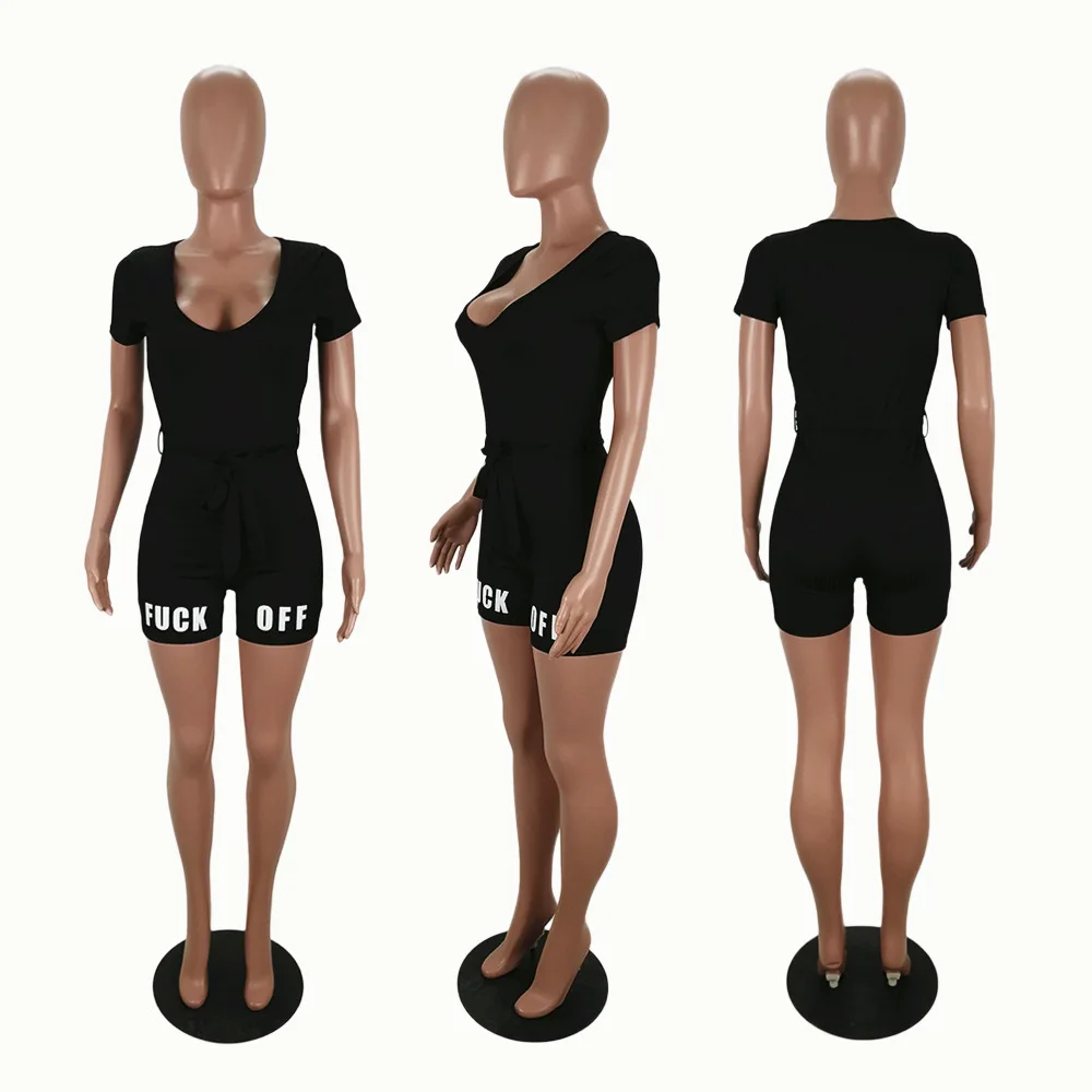 ANJAMANOR Ribbed Knit Letter Print Casual Rompers Womens Jumpsuit Summer 2020 Orange Black Sexy Bodycon Playsuit D91-AC87