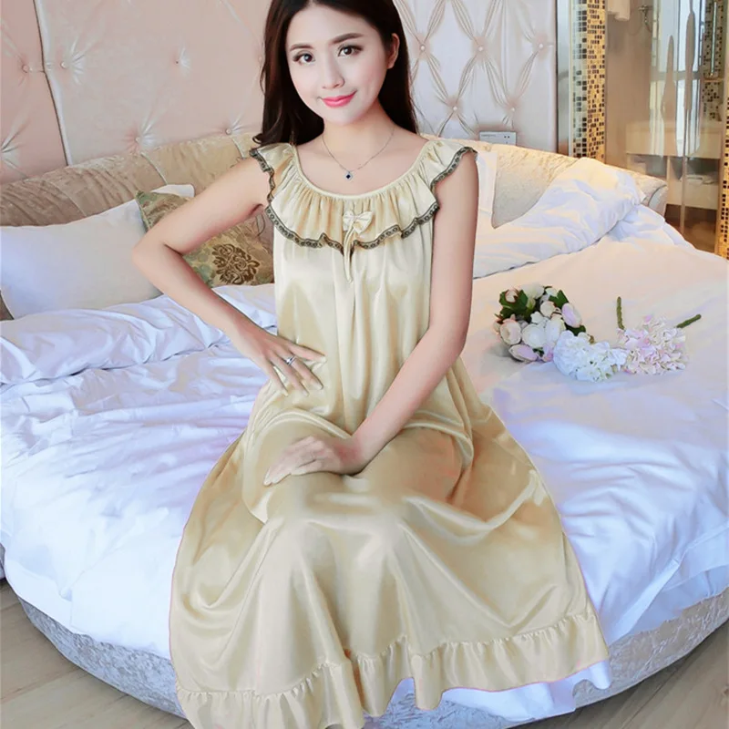 Women Champagne Nightgowns Sexy Nightwear Lace Patchwork Ruffles Lingerie Nighty Wedding Silk Lace Up Sleep Wear Nightdress