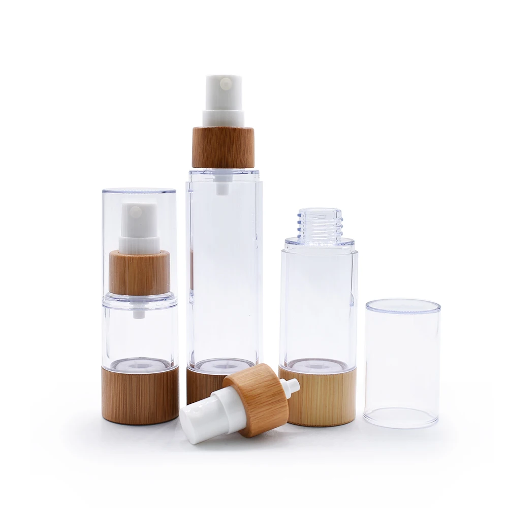 Recycle Eco friendly Bamboo Cosmetic Packaging Empty lotion 20ml 30ml 50ml 80ml 100ml 120ml airless Bamboo spray bottle lotion