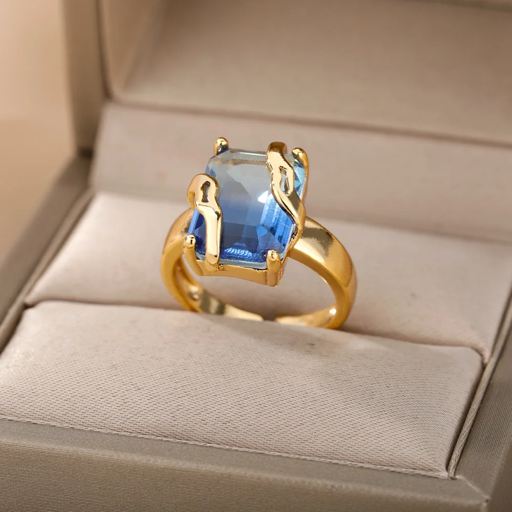 Cubic Zircon Blue Square Stone Rings For Women