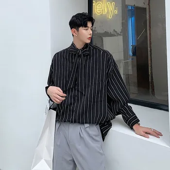 

EWQ / men's wear 2020 tie collar stripe shirt spring summer new loose long sleeve large size korean tops casual tide 9Y1721