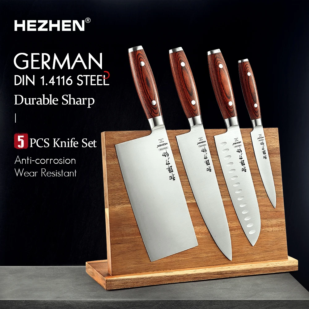Набор кухонных ножей HEZHEN 5 шт. Мясницкий + шеф повар сантоку утилита Магнитный Держатель кухонный инструмент