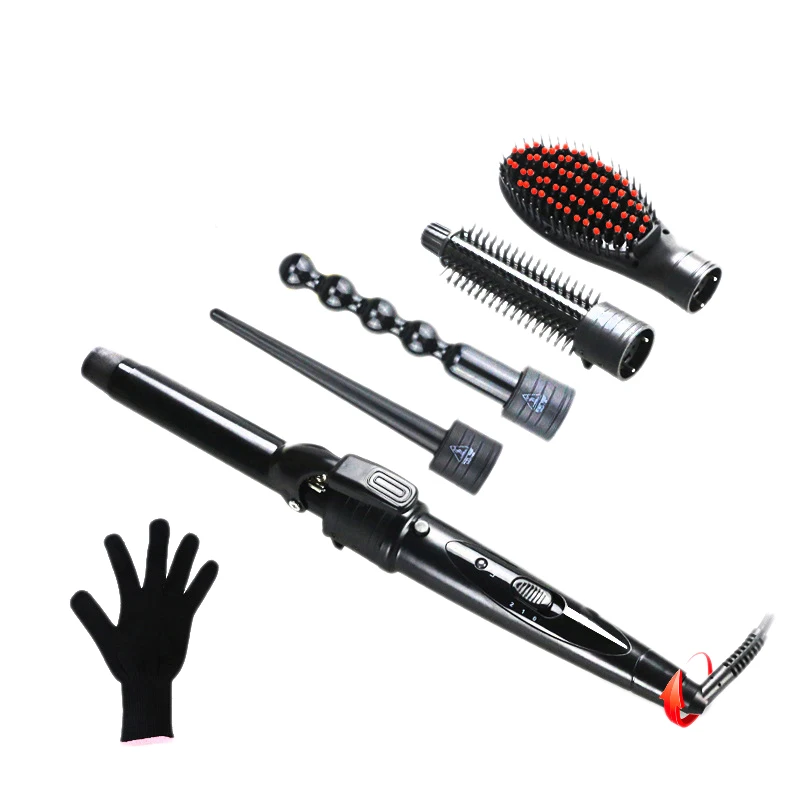 

HTHL-5 In 1 Portable Curling Wand Set Travel Ceramic Hair Curler Curling Iron Flat Iron Hair Straightening Brush Comb