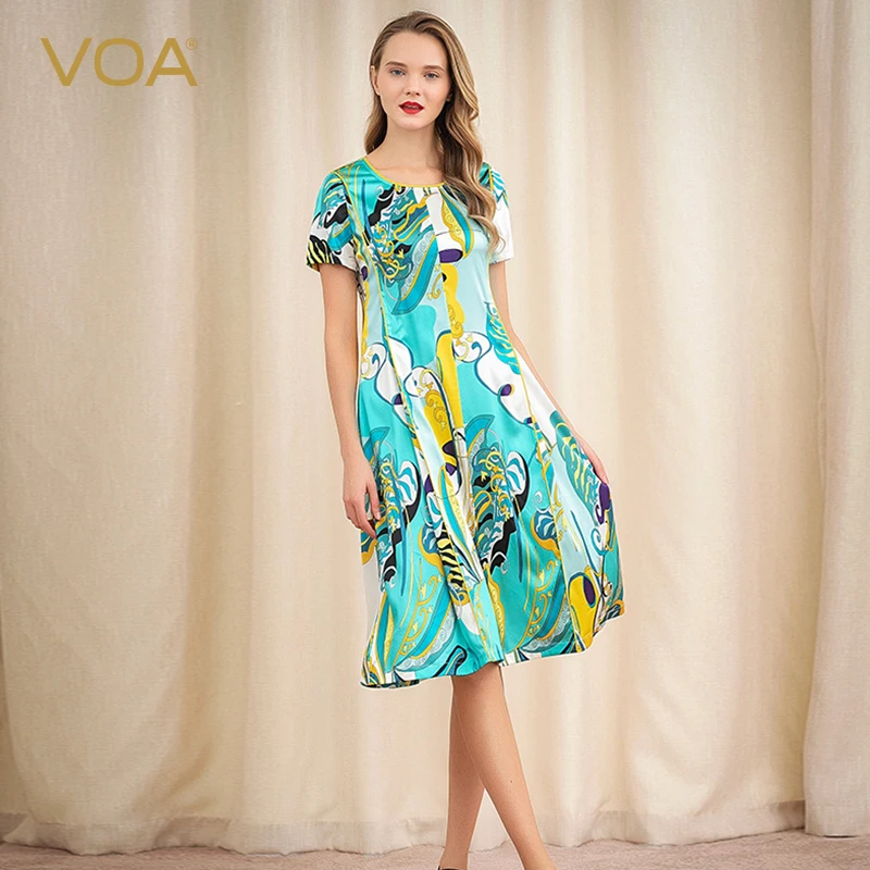 

VOA Heavy Silk Satin Short Sleeve Abstract Printing Stitching Edge Stylish Micro-elastic Soft Slim Dress A10596
