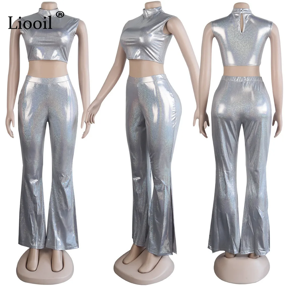 Liooil/яркий серебристый комплект из 2 предметов, облегающий комплект для женщин, Клубные наряды, сексуальный короткий укороченный топ с разрезом сбоку, длинные штаны, облегающие комплекты