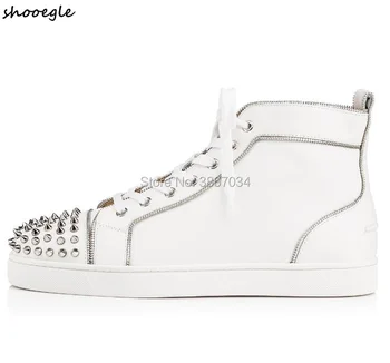 

SHOOEGLE Men White Black Sneakers Zip Trim Shoes Spiked Round Toe Flats Lace up Shoes Ankle Boots Runway Male