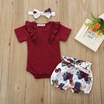 

0-24 Months Girls Outfits&Set 3Pcs Baby Girls Infant Clothes Set Romper Jumpsuit Bowknot Floral Shorts Outfits 2020 hot sales